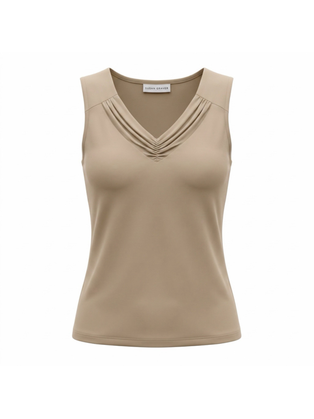 Susan Graver Beige Stretch Liquid Knit Ruched V Neck Sleeveless Top Women Medium